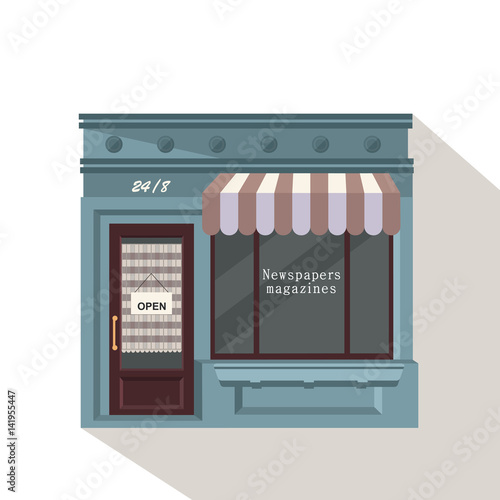 Newsstand selling newspapers and magazines.Press kiosk. Vector illustration.