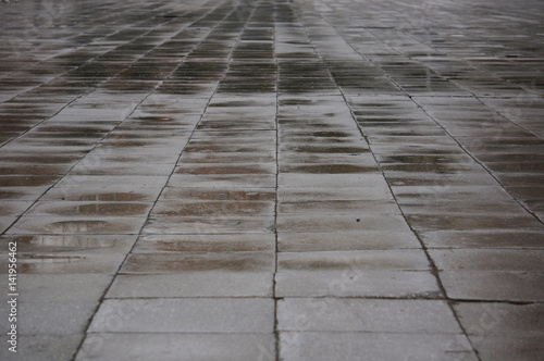 Wet sidewalk tiles