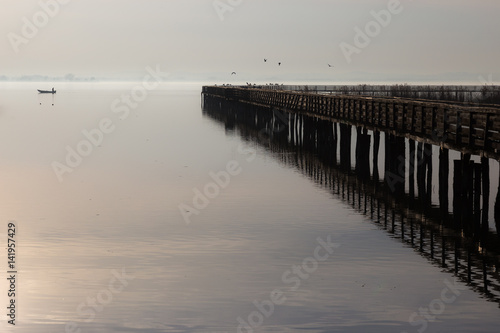 A pier perfectly reflecting on water  with some birds fying  and little fisherman boat at some distance on the opposite side.