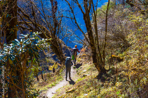 People on Hike in tropical Forest in Nepal Himalayas