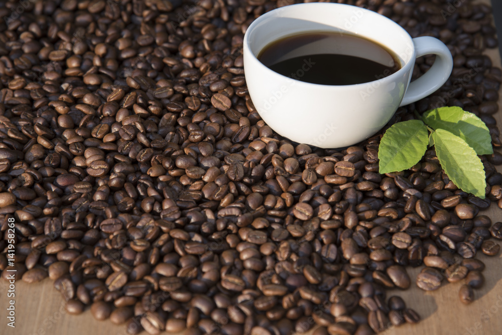 cup of coffee top on coffee beans background cup of coffee top on coffee beans background