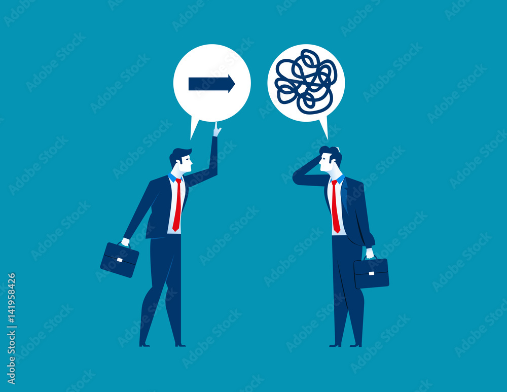 Businessman offering guidance to colleague confused about direction. Concept business success illustration. Vector cartoon character flat Businessman offering guidance to colleague confused about direction. Concept business success illustration. Vector cartoon character flat