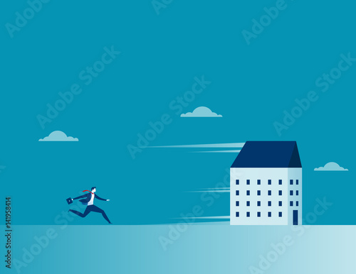 Businessman chasing a running house. Concept business symbol illustration. Vector cartoon character and abstract flat