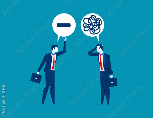 Businessman offering guidance to colleague confused about direction. Concept business success illustration. Vector cartoon character flat
