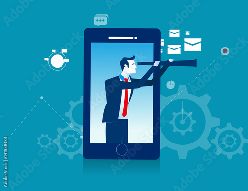 Businessman looking for smart phone with a telescope. Concept business success illustration. Vector cartoon character or abstract flat
