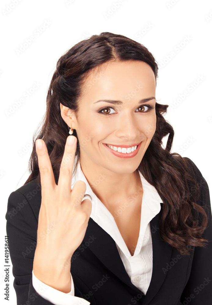 Businesswoman showing two fingers, on white Businesswoman showing two fingers, on white