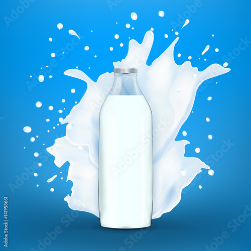 Big milk splash behind of full transparent bottle of milk with lot of droplets, vector realistic illustration