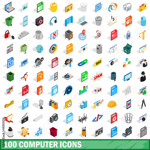 100 computer icons set, isometric 3d style