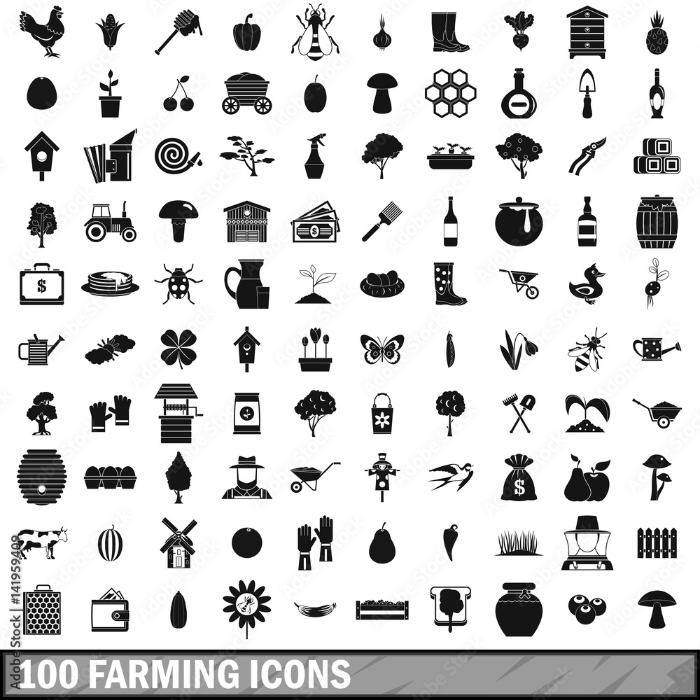 100 farming icons set, simple style 100 farming icons set, simple style