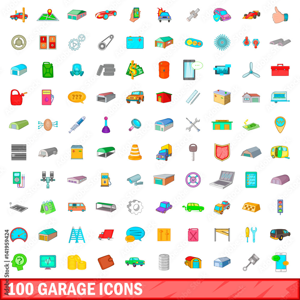 100 garage icons set, cartoon style 100 garage icons set, cartoon style