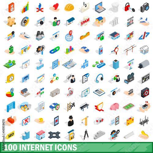 100 internet icons set, isometric 3d style