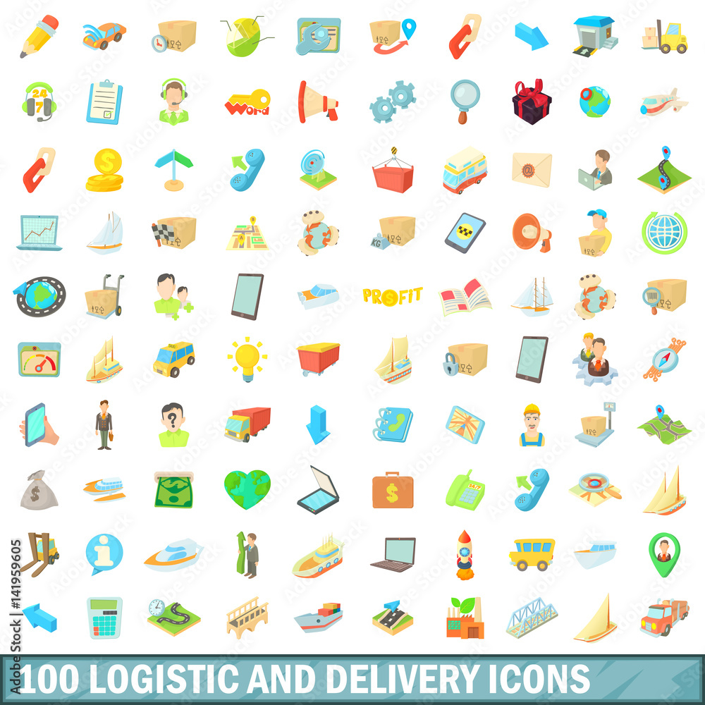 100 logistic and delivery icons set, cartoon style 100 logistic and delivery icons set, cartoon style