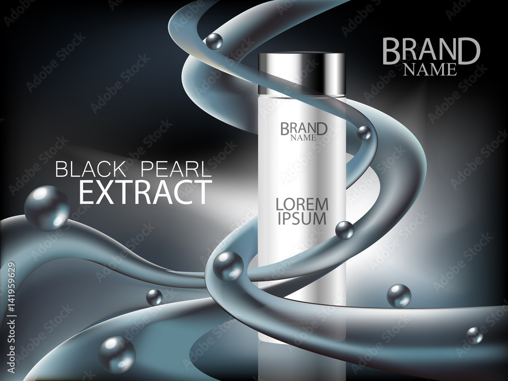 Naklejka premium Cosmetic ads gold, black and silver concealers with cream waves on pastel color background. Face care, body care and skin cosmetic. Vector illustration.