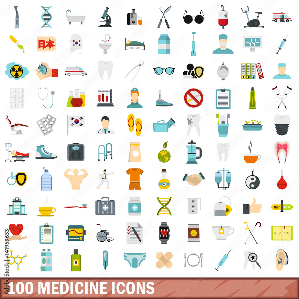 100 medicine icons set, flat style 100 medicine icons set, flat style