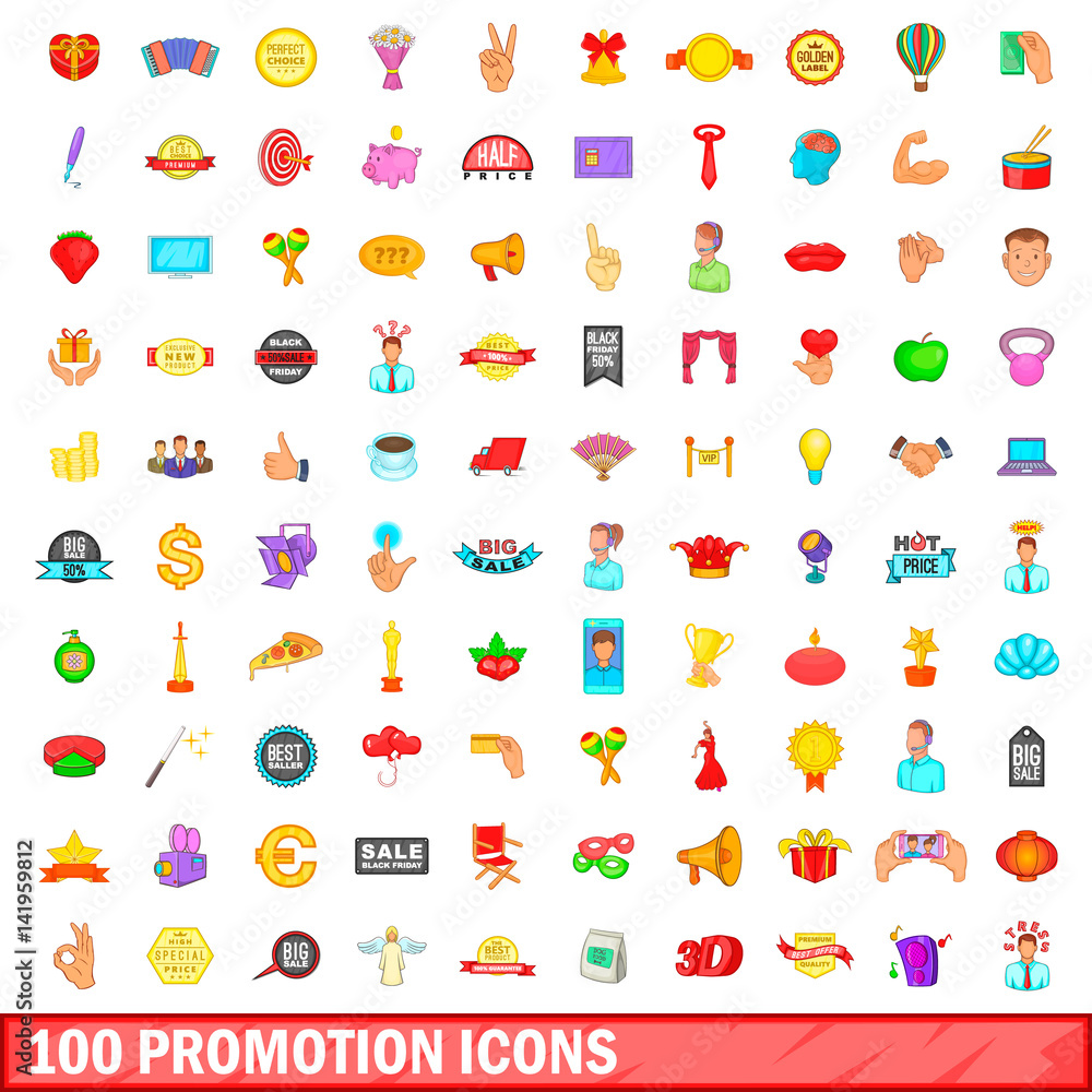 100 promotion icons set, cartoon style 100 promotion icons set, cartoon style