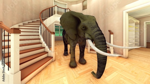 Elephant in the living room 3d rendering photo