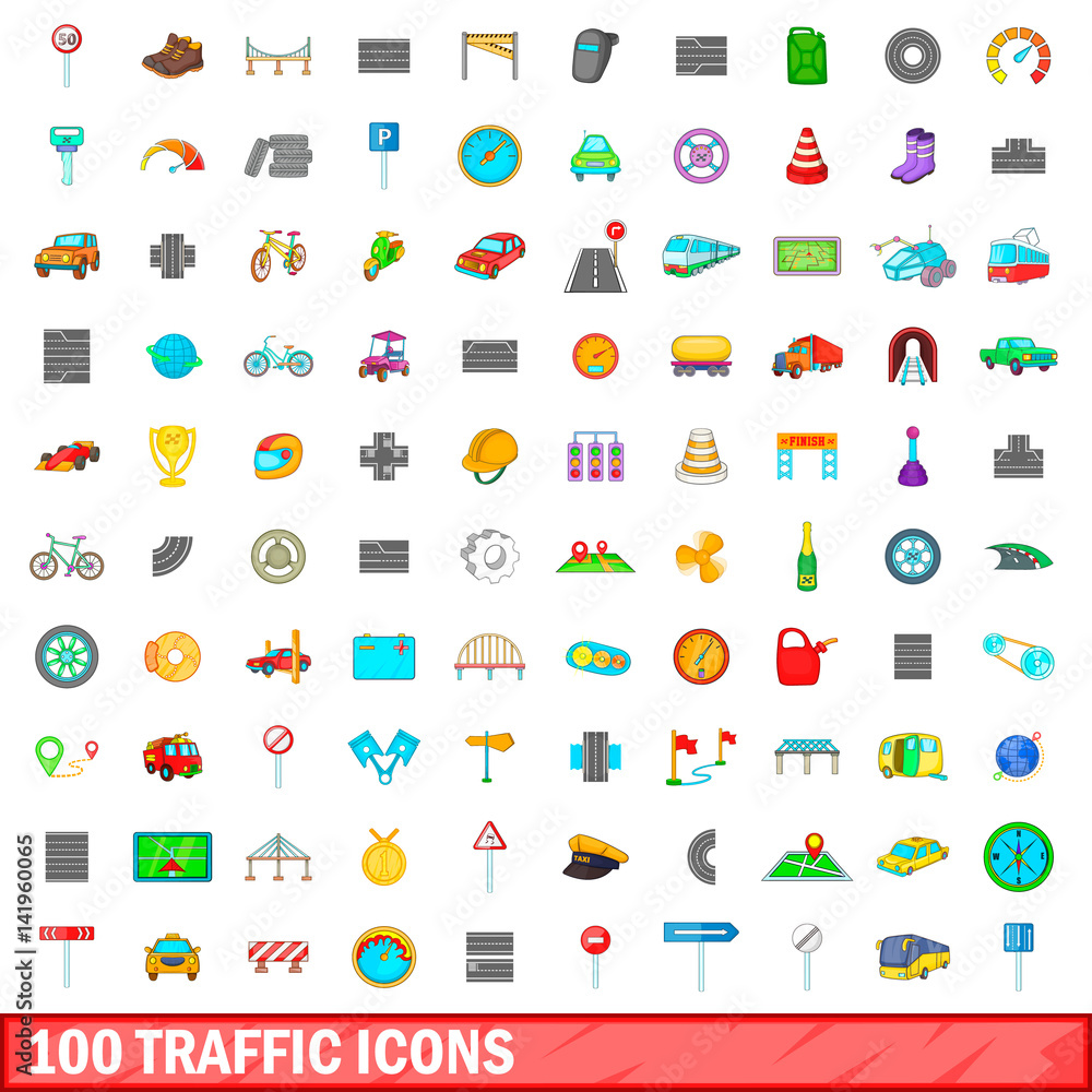 100 traffic icons set, cartoon style 100 traffic icons set, cartoon style