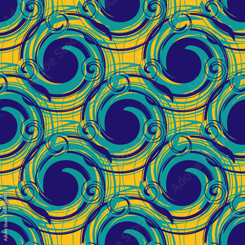 Seamless abstract pattern from turquoise and blue round elements on a yellow background. Modern pattern for wallpaper or textile.