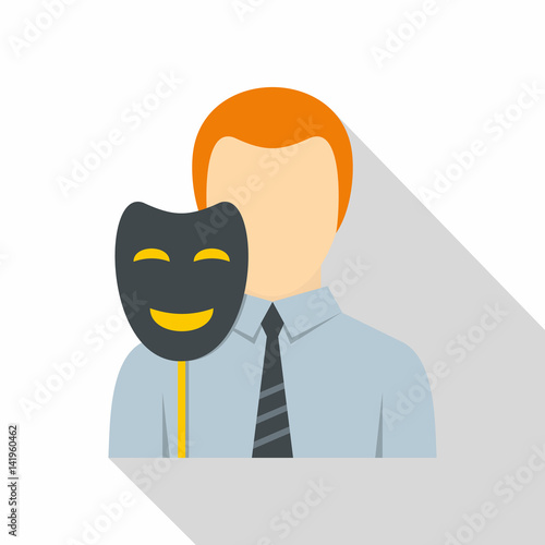 Businessman holding fake mask smile icon