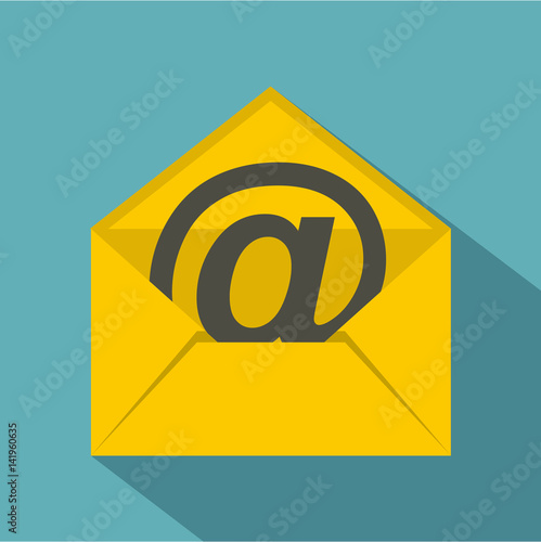 Yellow envelope with email sign icon, flat style