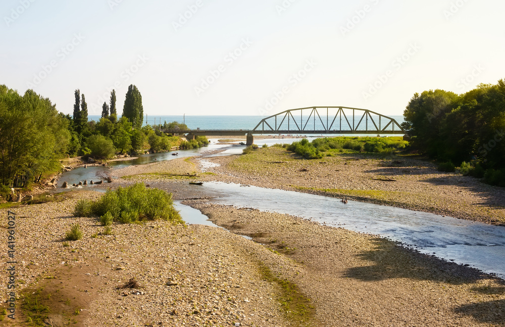 Fototapeta premium Railway bridge across the river, flowing into the sea