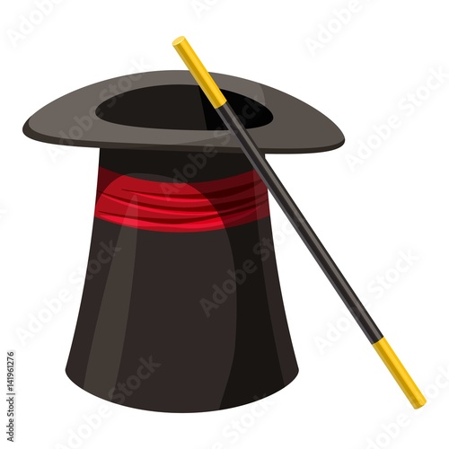 Magic hat and wand icon, cartoon style