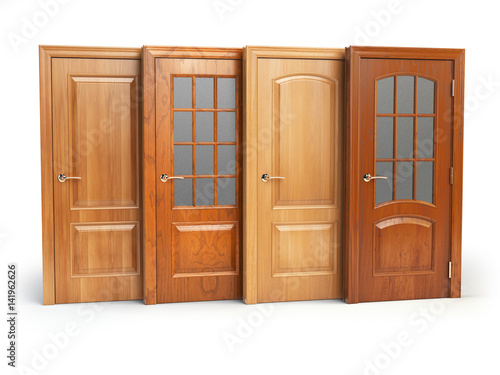 Sale of wooden doors isolated on white. Interior design or marketing concept.