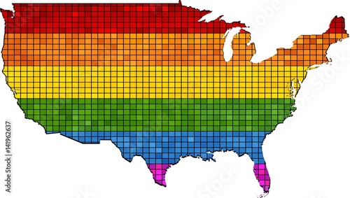 Mosaic map of USA in colors of LGBT, 
Gay pride flag in contour of USA