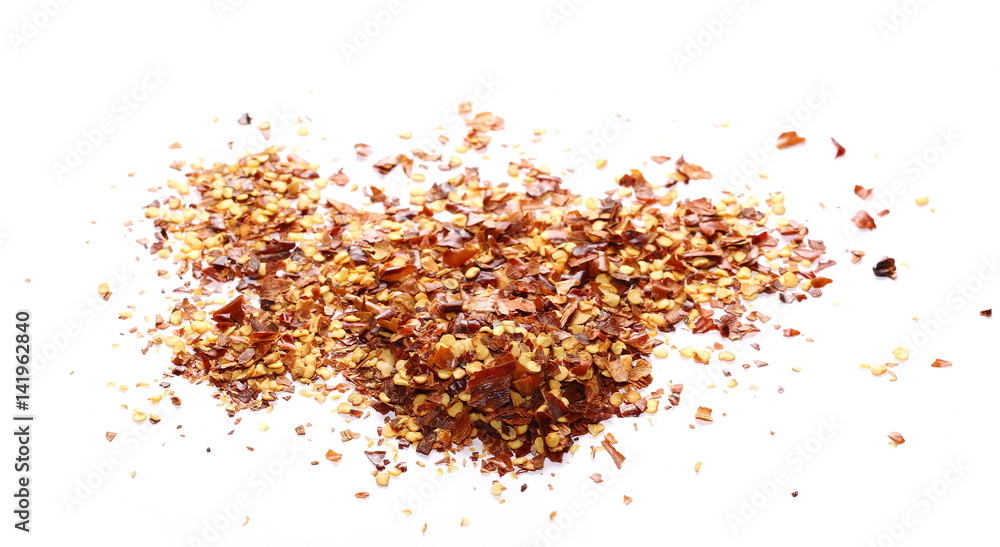 pile crushed red pepper, dried chili flakes and seeds isolated on white background pile crushed red pepper, dried chili flakes and seeds isolated on white background