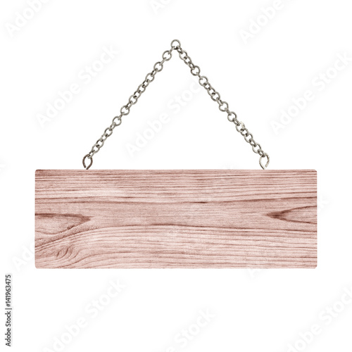 Wooden sign with chain isolated on white