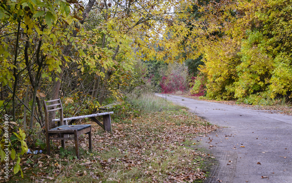 Empty chair near road in Chernobyl nuclear exclusion zone. Empty chair near road in Chernobyl nuclear exclusion zone.