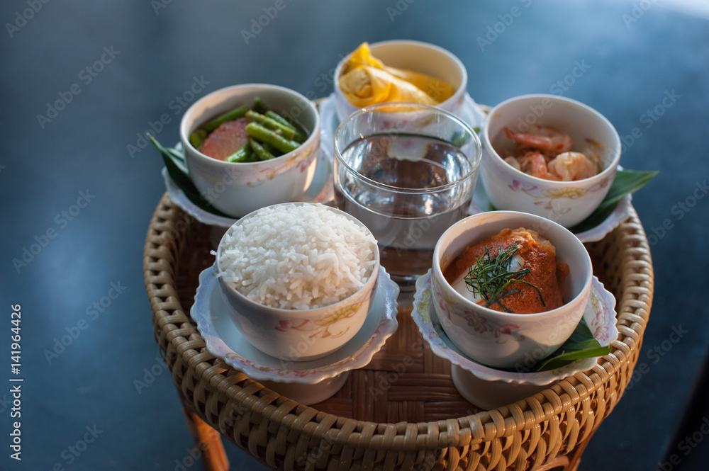Food and cooked rice and desserts in ceramic bowl, The merit of Buddhist ceremony Food and cooked rice and desserts in ceramic bowl, The merit of Buddhist ceremony