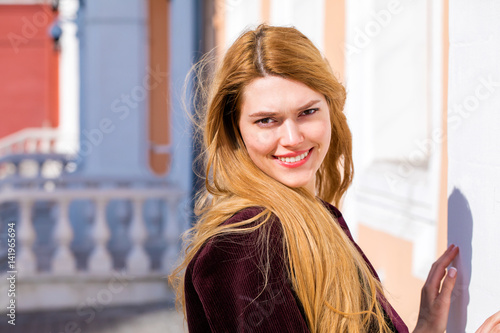 Portrait close up of young beautiful blonde woman