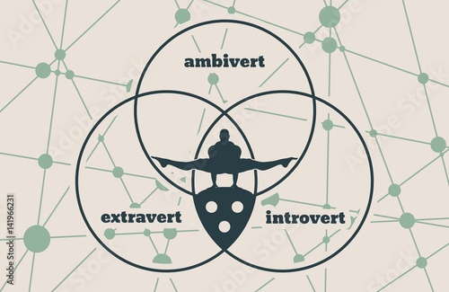 Extravert, introvert and ambivert metaphor. Image relative to human psychology. Silhouette of the balancing man. Molecule And Communication Background. Connected lines with dots.