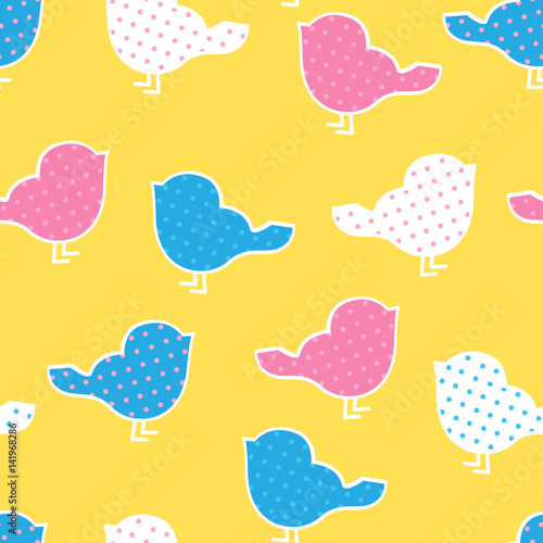Seamless pattern with colorful birds silhouettes on yellow backg