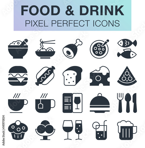Set of pixel perfect food and drink icons for mobile apps and web design.