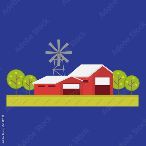 Big farm flat colorful composition with wooden village house
