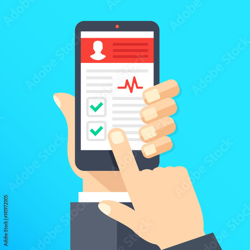 Health app on smartphone screen. Healthcare, medical app, mhealth, health monitoring concepts. Hand holding smartphone, finger touching screen. Modern flat design vector illustration