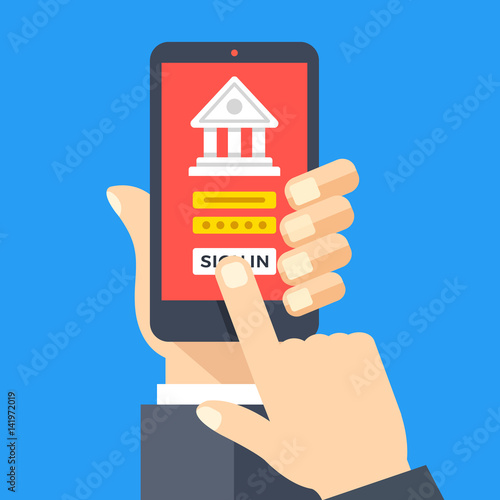Mobile banking app on smartphone screen. Financial app, online banking, login page concepts. Hand holding smartphone, finger touching screen. Modern flat design vector illustration
