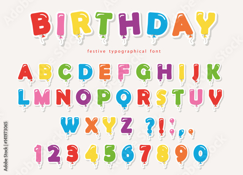 Balloon colorful font paper cutout. Funny ABC letters and numbers. For birthday party, baby shower.