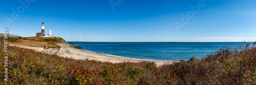 Panoramic view on Montauk Point State Park Lighthouse and the Atlantic Ocean. Long Island, New York State
