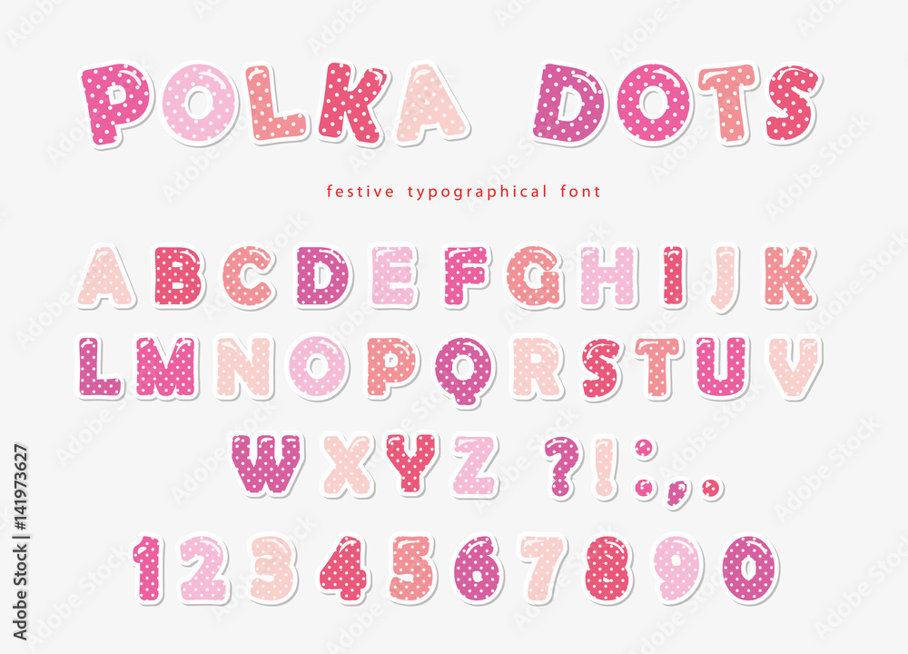 Cute polka dots font in pastel pink. Paper cutout ABC letters and numbers. Funny alphabet for girls. Cute polka dots font in pastel pink. Paper cutout ABC letters and numbers. Funny alphabet for girls.