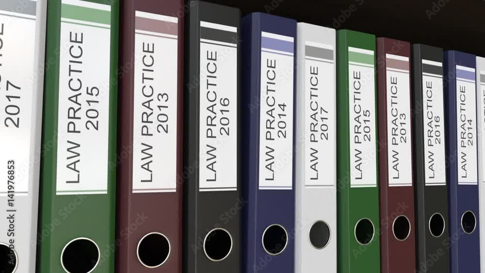 Line of multicolor office binders with Law practice tags, different years. 4K seamless loop clip