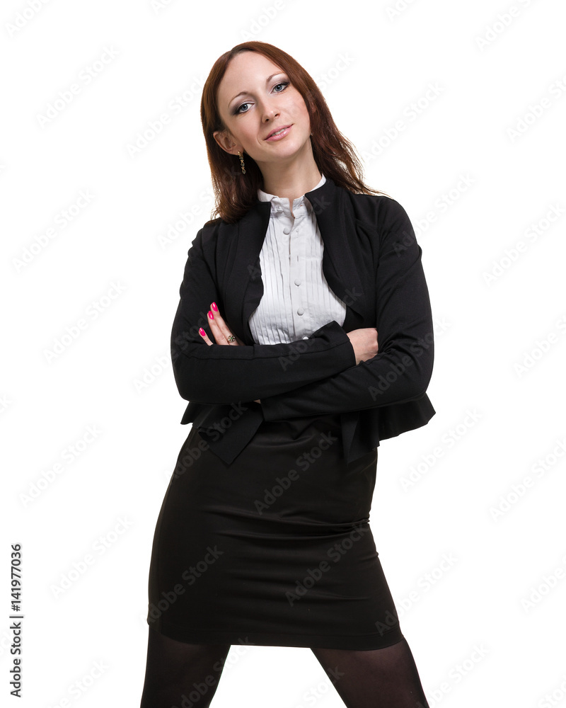Closeup portrait of cute young business woman isolated on white