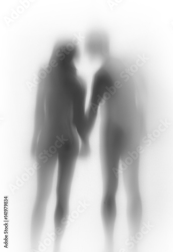 Lover couple together prepare for kiss from behind, body silhouette © Belphnaque