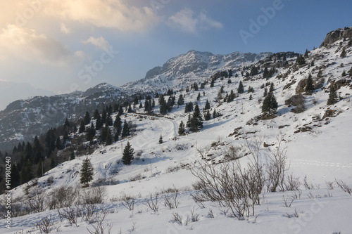 Snowy Winter Landscape on Italian Alps at Sunset