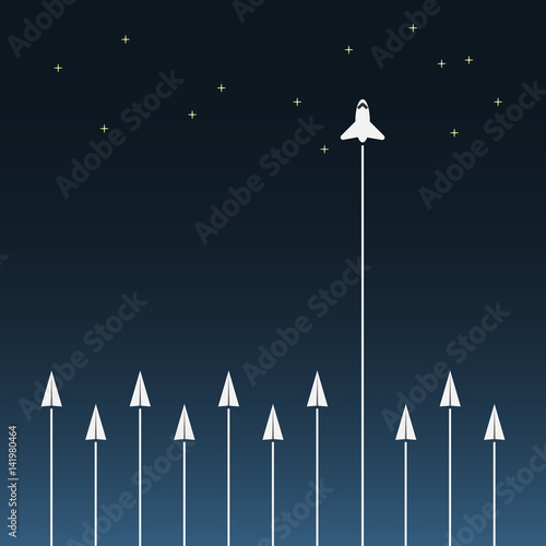 Vector Minimalist style White paper planes flying in sky. Leadership, success, teamwork, management, boss, motivation and business concept.