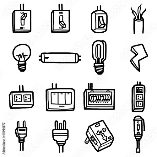 electrical objects, icons set / cartoon vector and illustration, hand drawn style, black and white, isolated on white background.
