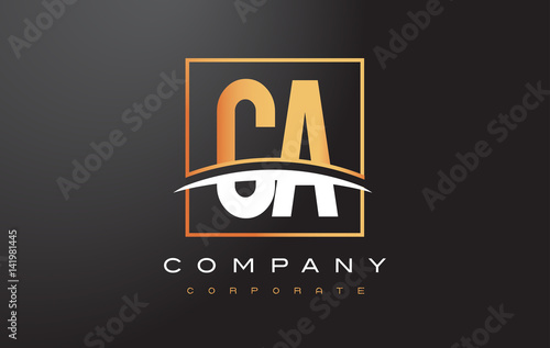 CA C A Golden Letter Logo Design with Gold Square and Swoosh.