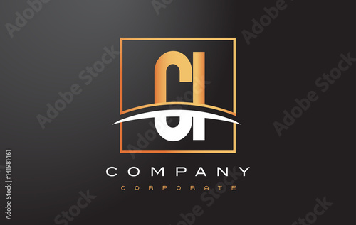 CI C I Golden Letter Logo Design with Gold Square and Swoosh.
